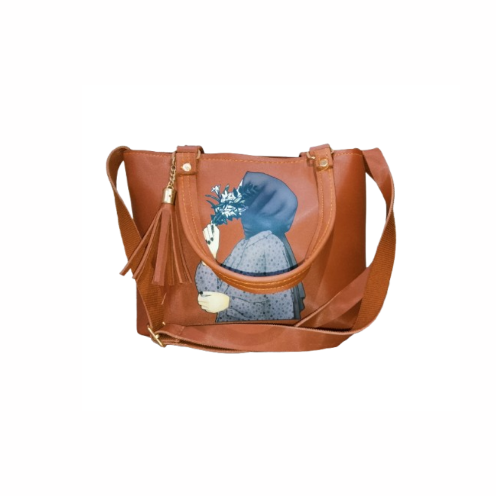 Brown Leather Handbag with Graphic Print and Tassel Detail