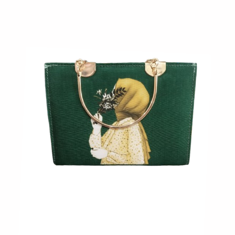 Green Artistic Handbag with Floral Print