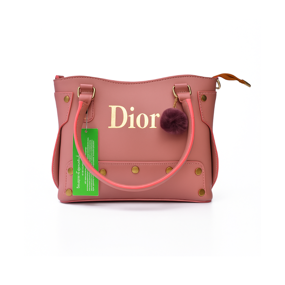 Dior Pink Handbag with Gold Logo and Pom-Pom Charm